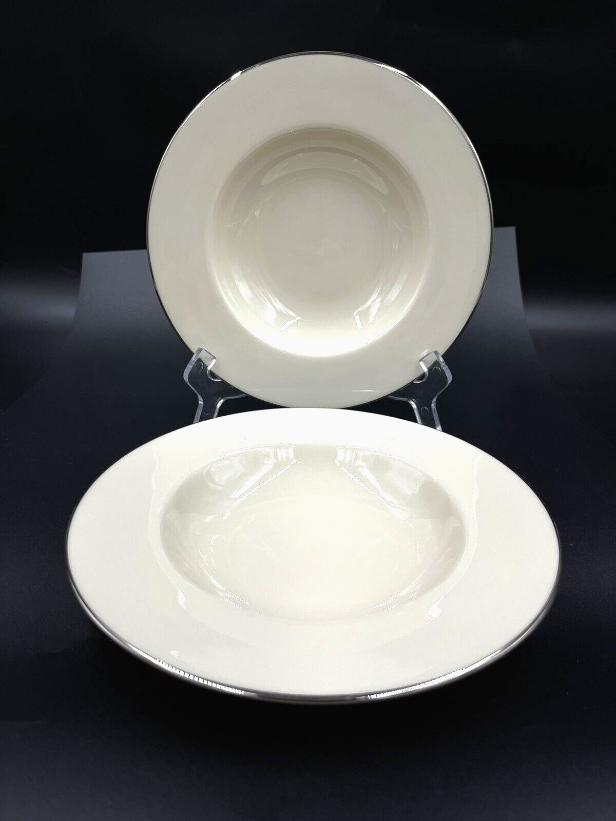 Lenox Special Ivory China Rimmed Soup Bowls w/ Platinum Trim, USA Mint L117 (2)