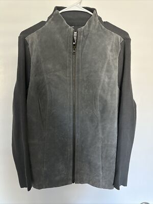 Jessica London Gray Suede Leather Ribbed Knit Full Zip Jacket Women 14/16 - New