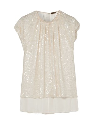 Pre-owned Adam Lippes Womens Sequined Short Sleeve Jewel Neck Evening Top In Beige