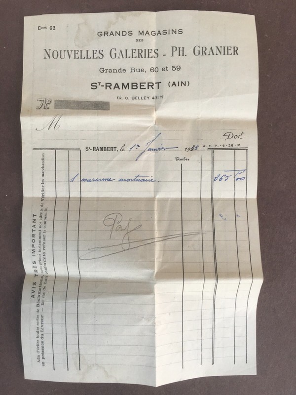 Ancienne Petite Facture / Nouvelles Galeries / Ph.Granier / St Rambert / Ain