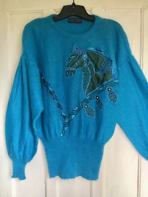 ESCADA BY MARGARETHA LEY WOMENS VINTAGE SIZE 40 (M) PLEATED SLEEVE HORSE SWEATER