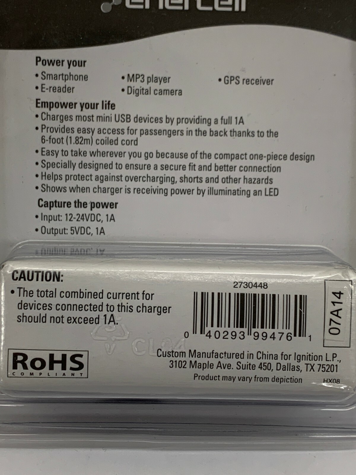 BRAND NEW!!  Enercell Mini USB 5VDC 1A Car Power Adapter 273-0448