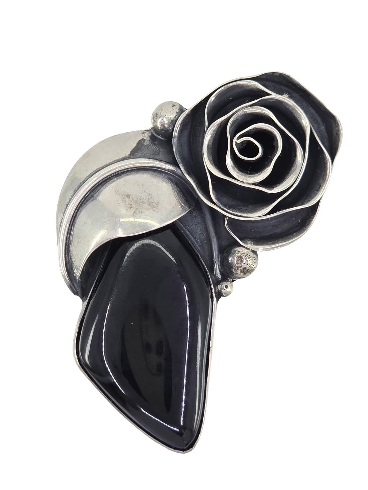 VINTAGE SIGNED SJ MODERNIST HANDCRAFTED STERLING SILVER BLACK ONYX FLORAL BROOCH