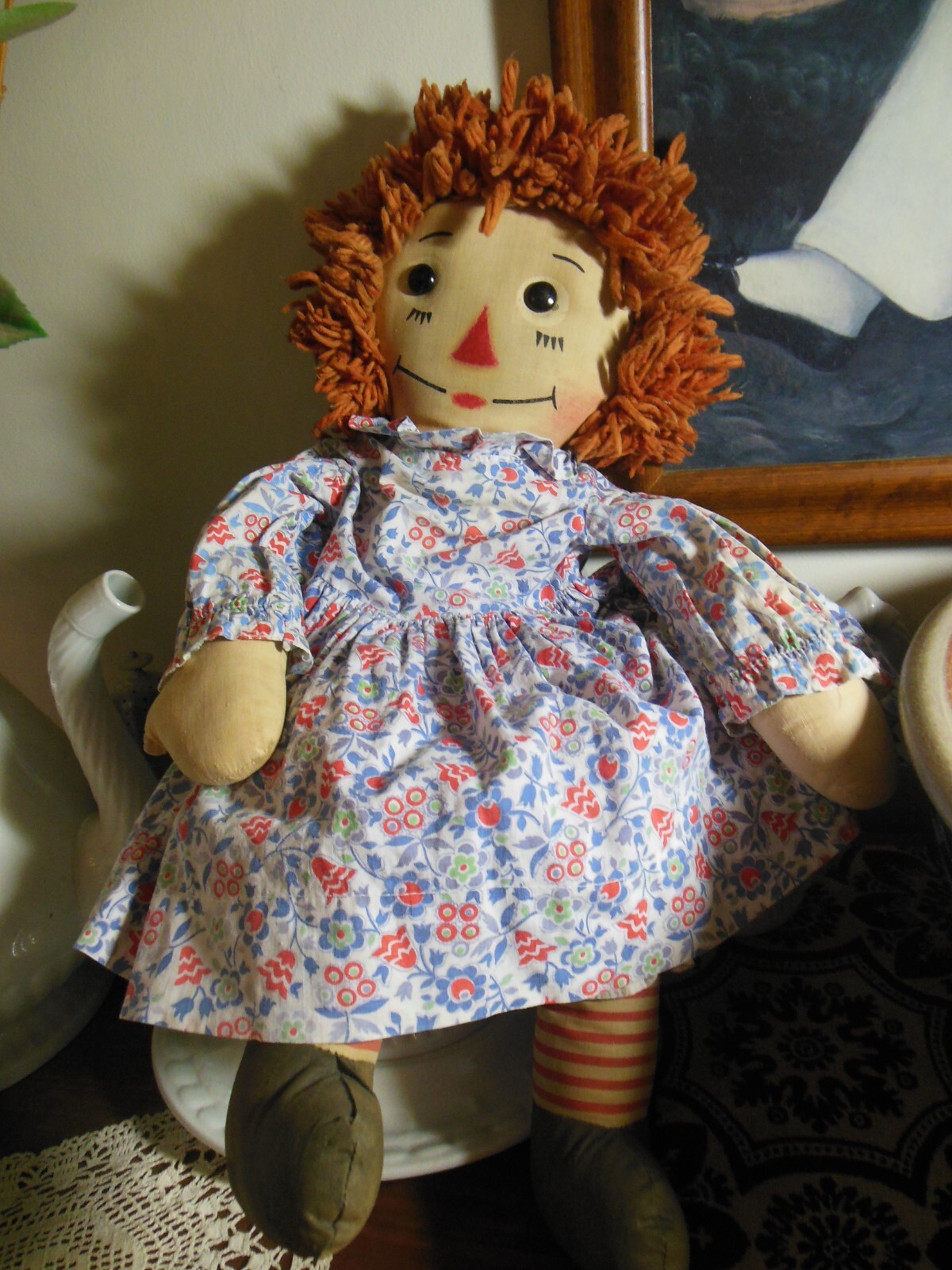 VTG. GEORGENE GRUELLE RAGGEDY ANN DOLL~ELONGATED NOSE+TAG! ORIG. DRESS, BLOOMERS