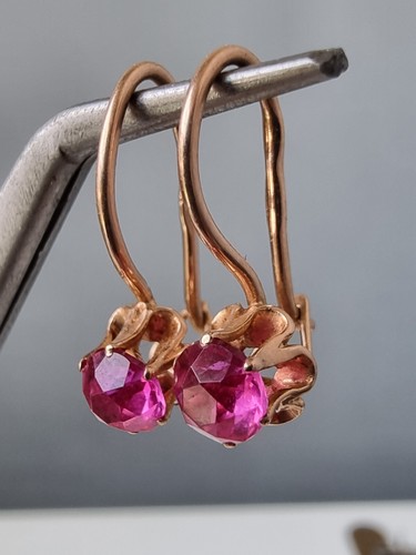 Original Vintage Soviet Rose Gold 583 14k Earrings Ruby USSR
