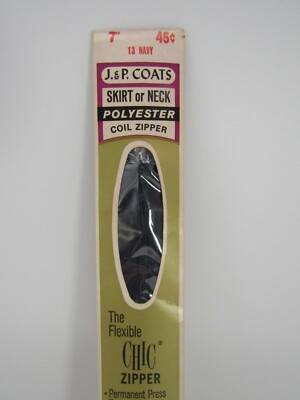 Vintage J & P Coats & Clark's Coil Zipper 7 in. 13 Navy NOS Skirt or Neck 