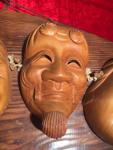 Vintage Japanese Wooden Noh Theatre Mask Set Of 5