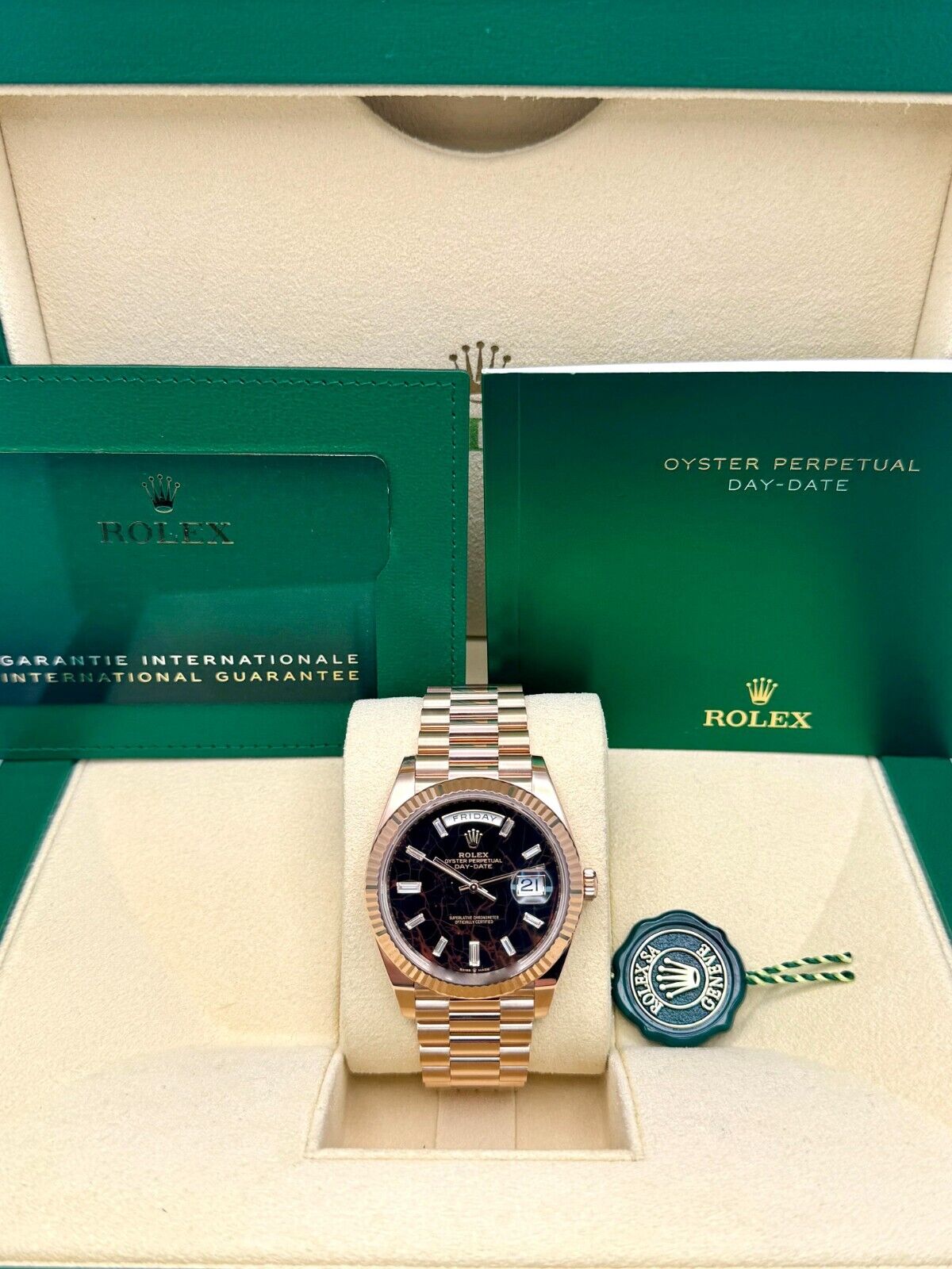Rolex Day-Date 40mm Eisenkiesel Baguette Dial Rose Gold 228235 Box & Papers 2022 Rolex Day-Date 40mm Eisenkiesel Baguette Dial Rose Gold 228235 Box & Papers 2022