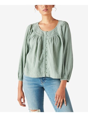 

LUCKY BRAND Женский зеленый крестьянский топ на пуговицах с эластичными манжетами и длинными рукавами