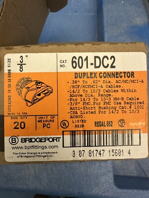 Box of 20 Bridgeport 601-DC2 Duplex Connectors 3/8'' for .375 to .625 Cables 