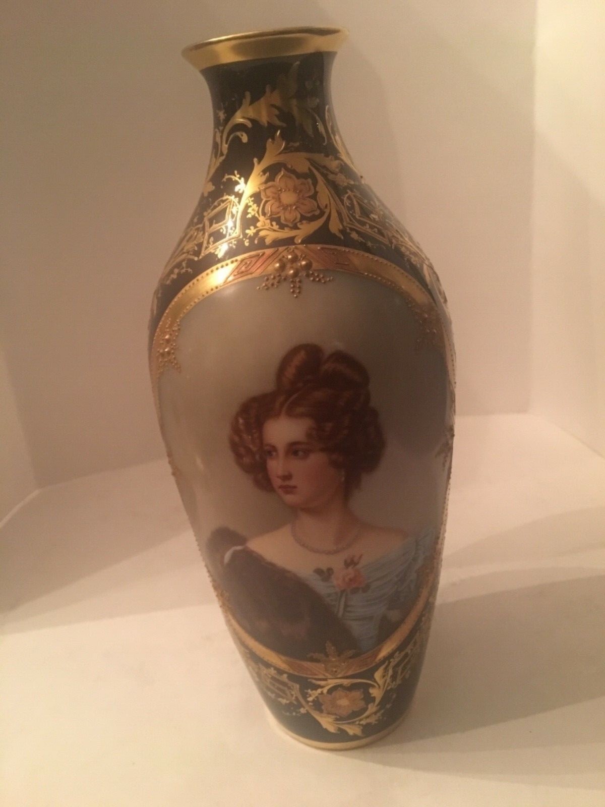 Antique Royal Vienna Handpainted Cobalt/Gold Portrait Vase 1870’s Excellent