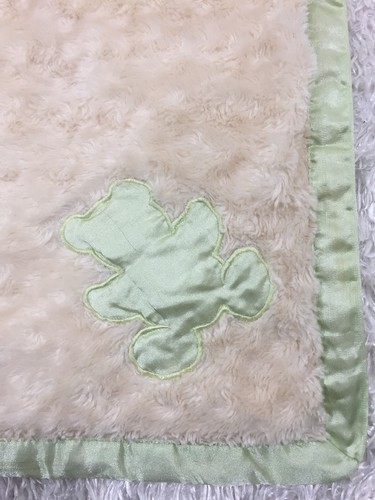Tadpoles Cream White Acrylic Knit Baby Blanket Ivory Green Satin Edge Trim