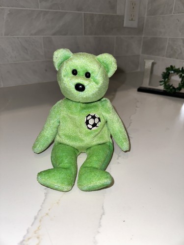 Ty Beanie Buddies Teddy Bear Green Kicks Soccer Ball 1999 Stuffed Plush No Tag