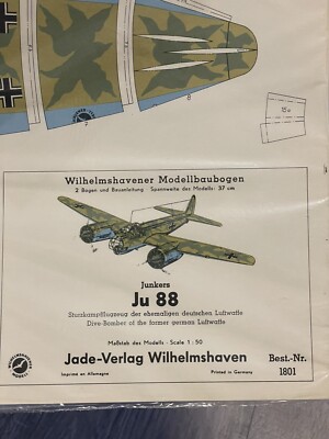 Vtg  Paper Model Kit Plane Junkers Ju 88 Jade-Verlog Wilhelmshaven
