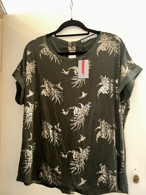 Oasis ladies T-Shirt Green  Floral Shiny design Blouse Tunic Party Top Size XL 