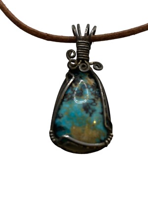 Sterling Wire Wrapped Turquoise Necklace Leather Adjustable Artisan Sweet!