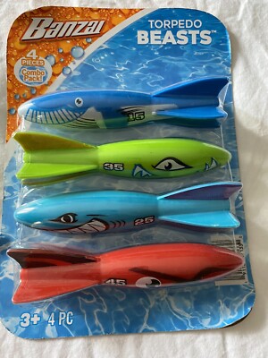 Banzai Swimming Pool Diving Toys Torpedo Beasts Sharks, 4 in a Pack, Ages 3+