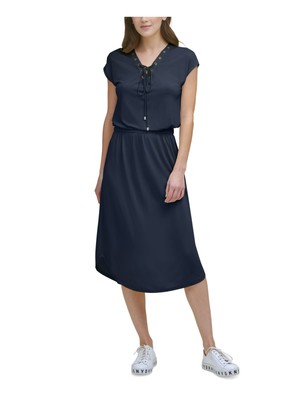 

DKNY Женское темно-синее платье-футляр миди с завязками на шнуровке и короткими рукавами с V-образным вырезом  XS, Navy