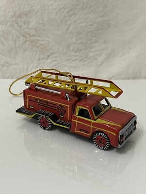 Home for the Holidays Hand Painted Tin Retro Fire Truck Engine Ornament