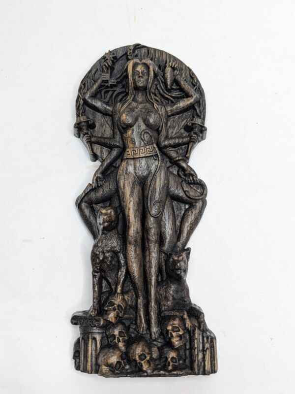Goddess Hecate Wooden Altar Statuette - CNC Routed Wood w/ Dark Finish, 9"