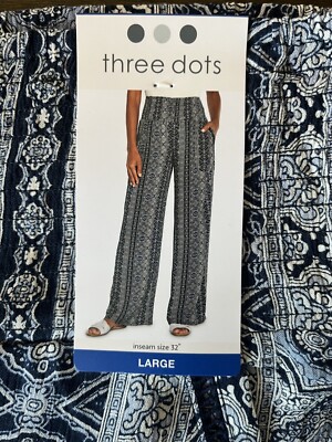 NEW THREE DOTS Women's BLUE Printed Wide Leg Pull On Pant Size L (LARGE)