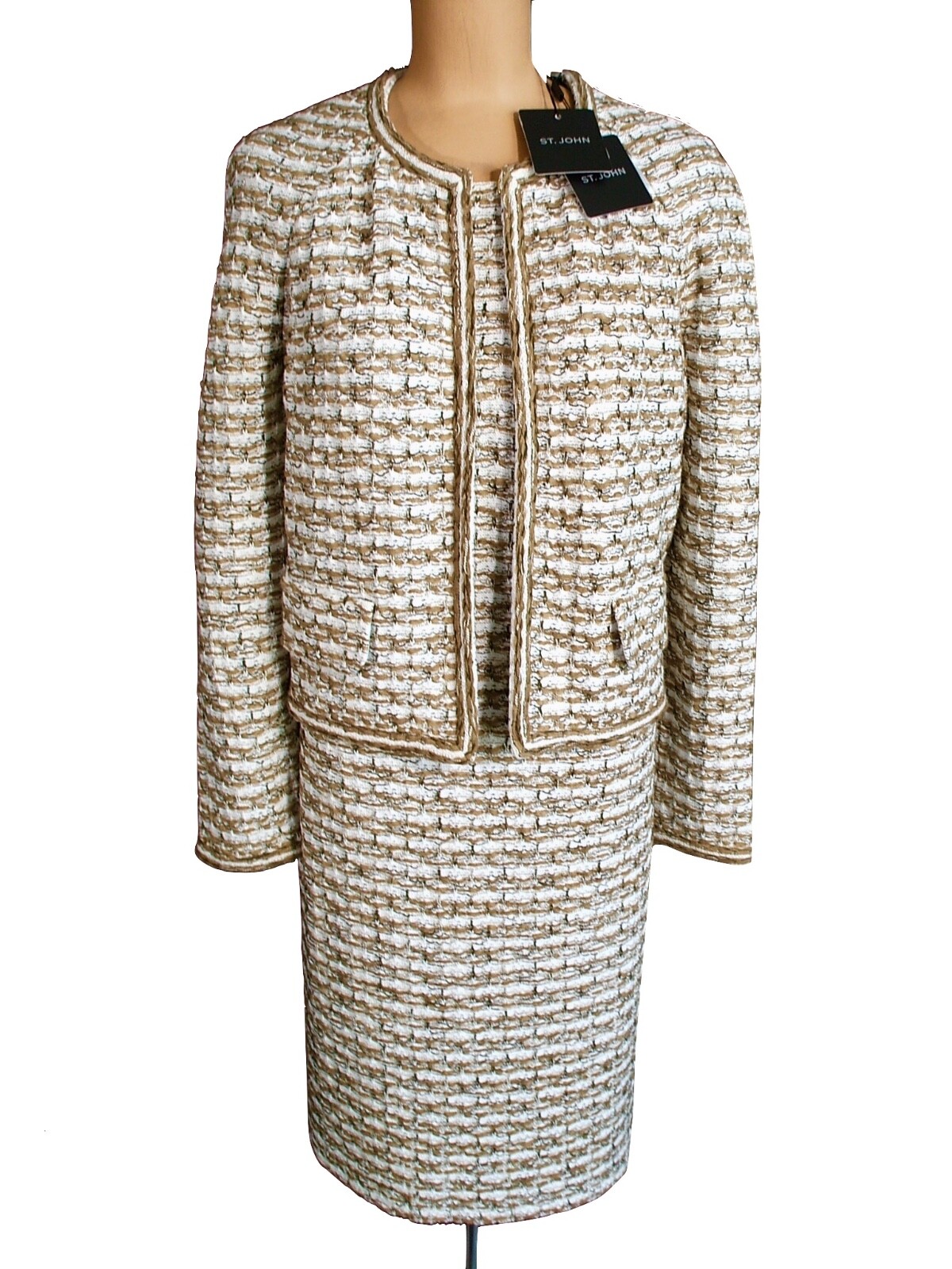 Pre-owned St John St. John Knits Ecru Float Ribbon Tweed Jacket Blazer Dress Suit Sz 18 $2690 In White