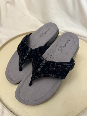 Earth Origins Blak Leather Flip Flop Adjustable Thong Sandal Women Sara 6.5 Wide