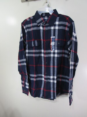 New Mens George Flannel Shirt Size M 38 40 White Blue Plaid Buttons Long Sleeve