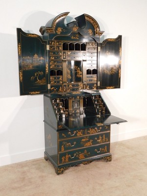 ANTIQUE Green Chinoiserie MAITLAND SMITH Ornate Secretary Bookcase Desk