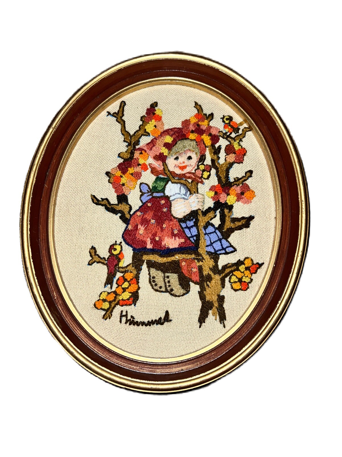 Needlepoint Vintage Hummel Handmade Oval Glass Framed Crewel Picture Girl Tree