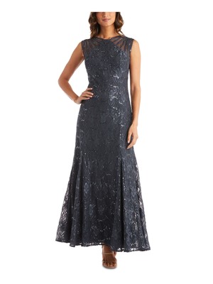 R&M RICHARDS Womens Blue Lined V-back Padded Cups Sleeveless Maxi Gown Dress 12
