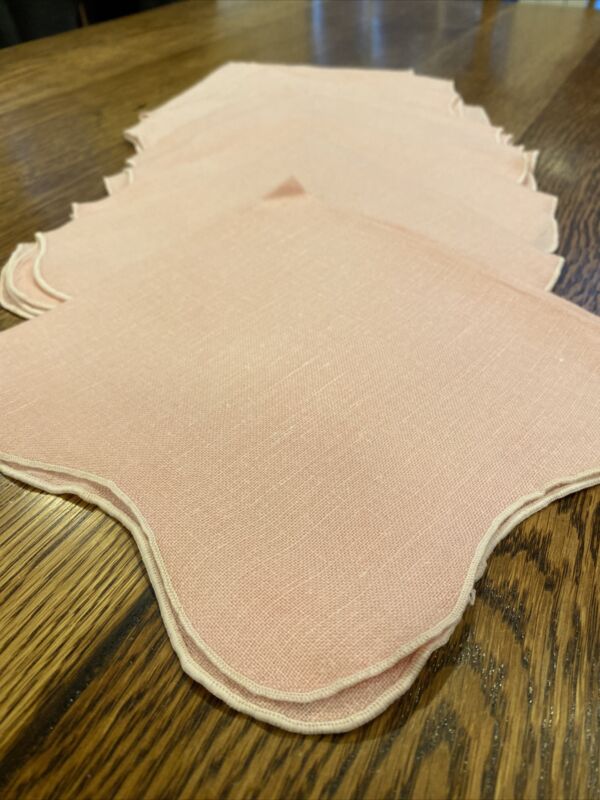 Vintage Pink Linen Scalloped Edge Embroidered Napkins Set of 8