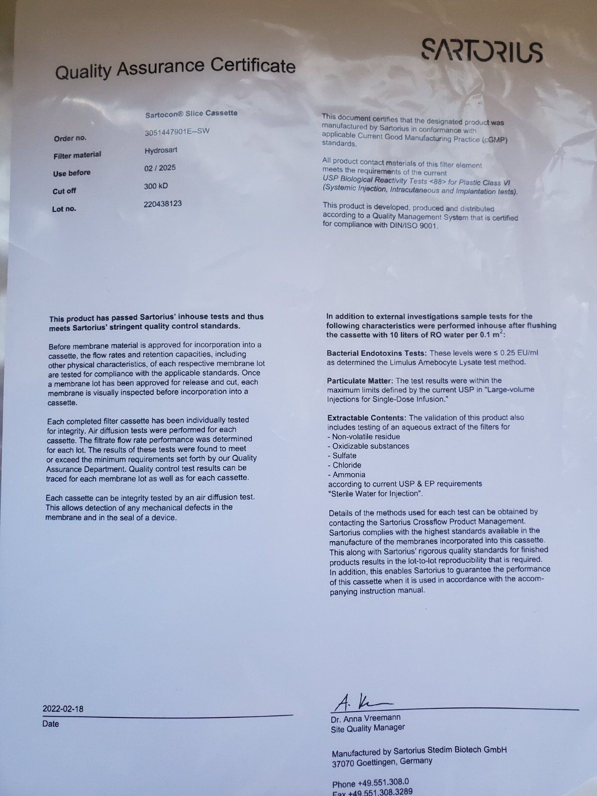 NEW Sartorius 3051447901E--SW Sartocon Slice Cassette 300kD Hydrosart, Exp. 2025