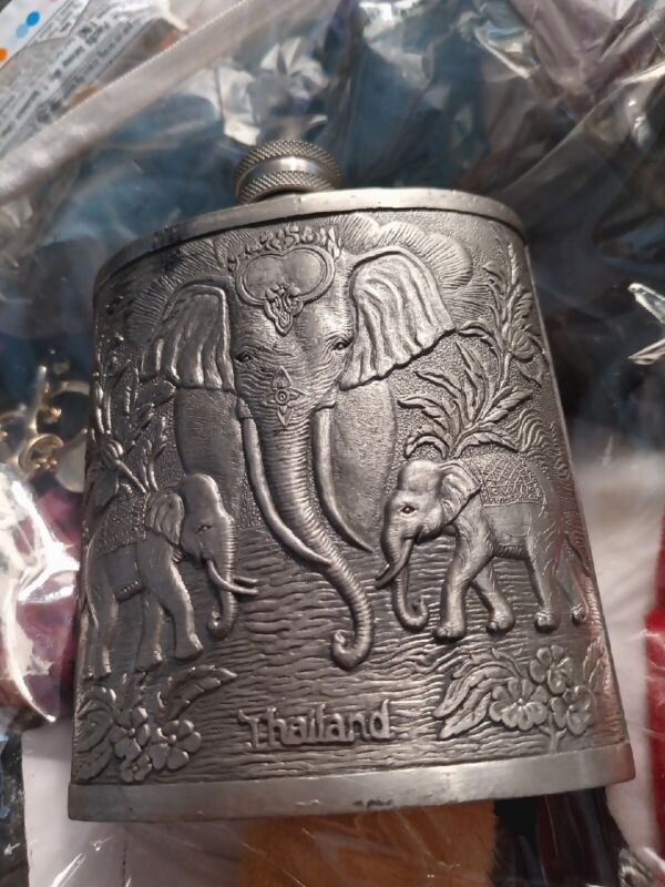Vintage THAILAND Pewter 97% Tin Elephants Whiskey Flask Canteen...FREE SHIPPING!