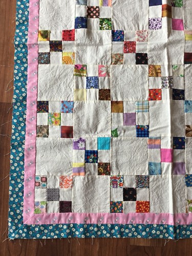 Vintage 1960s handmade Hand Stitched 9-patch child size Crib Quilt Tablecloth