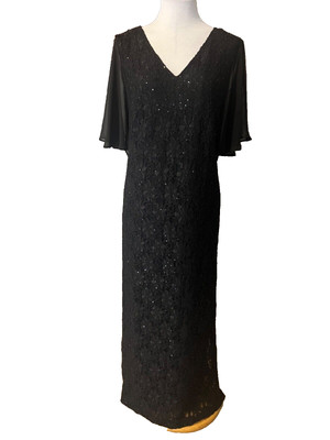 Connected 16W Long Black Sequin Stretch Short Sleeve Wedding Party Cruise NEW