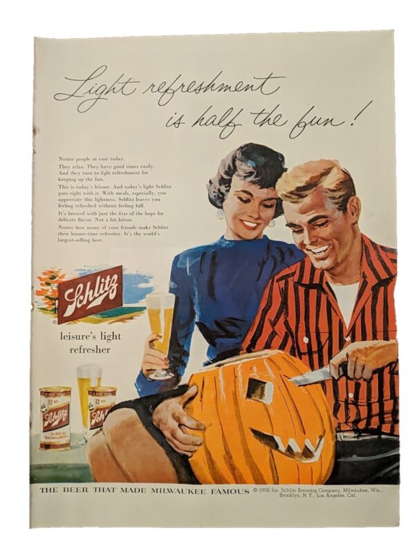 1956 vintage Schlitz beer ad, Halloween Carving Pumpkin Husband & Wife