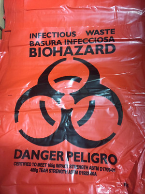 25x BIOHAZARD Trash Can 1.3 mil bags Red WASTE DANGER 8-10 gal 24''x 23'' liners