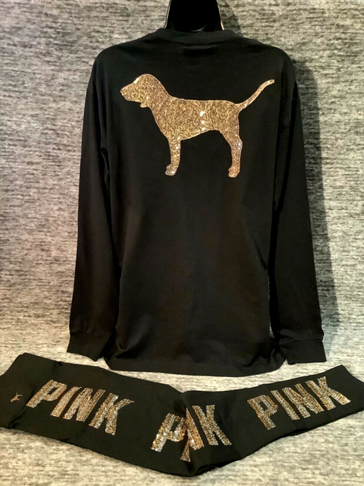 Pre-owned Victoria's Secret Pink Bling Campus Tee Shirt + Leggings Set Black Dog Logo M