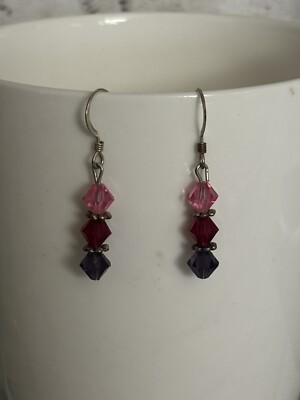 Sterling Silver Swarovski Crystal Pink/Purple Beaded Dangle Earrings