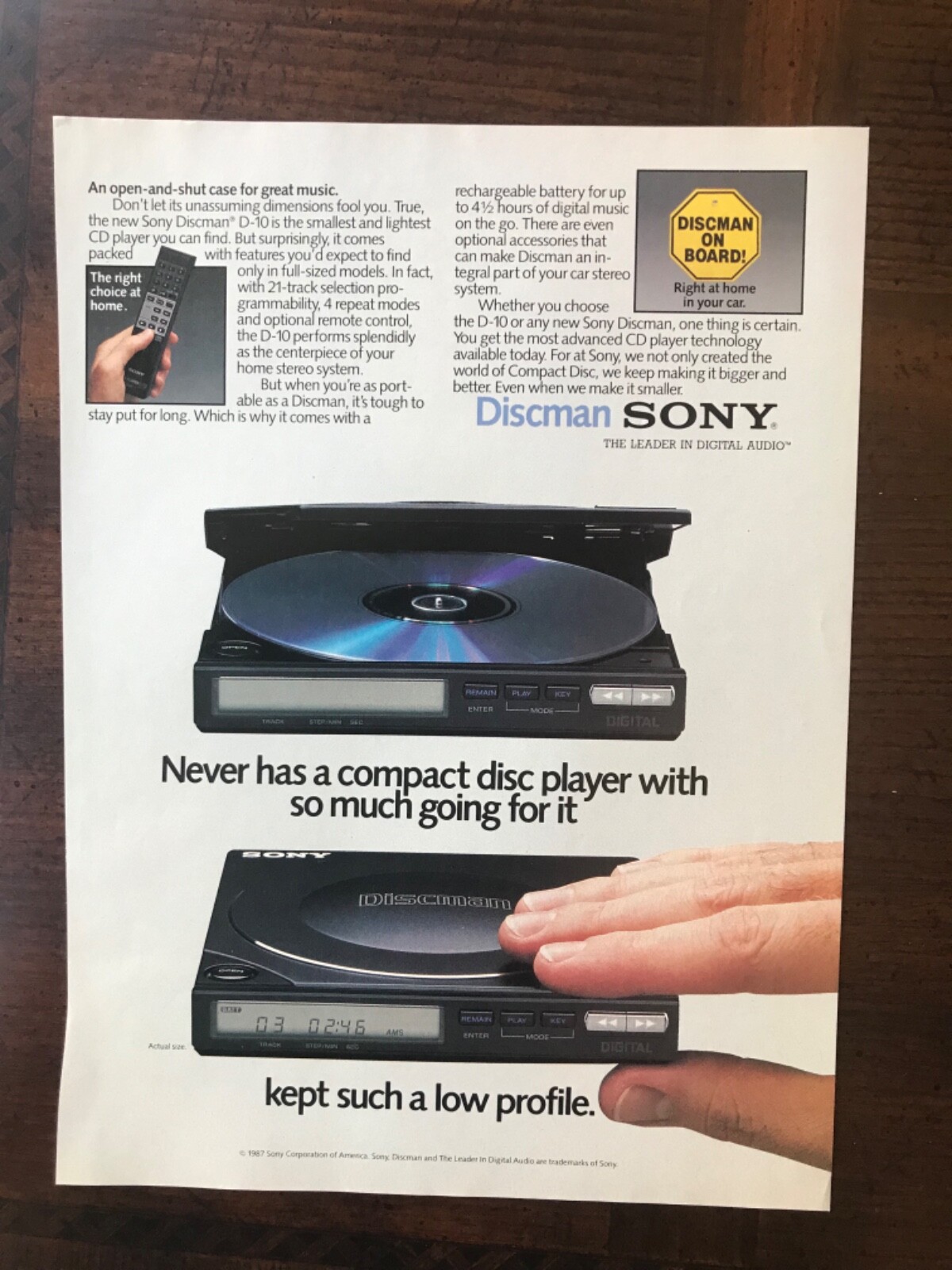 1987 vintage original print ad Sony Discman D-10 Portable CD