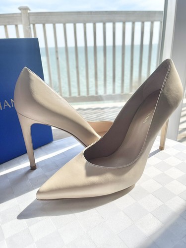 Pre-owned Stuart Weitzman Royal Bambina Nappa Leather Pointed Toe Stiletto Pumps 9m $425 In Beige