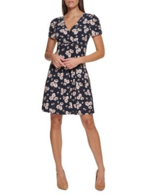 

TOMMY HILFIGER Женское темно-синее короткое платье с гофрированными рукавами Petites, Navy