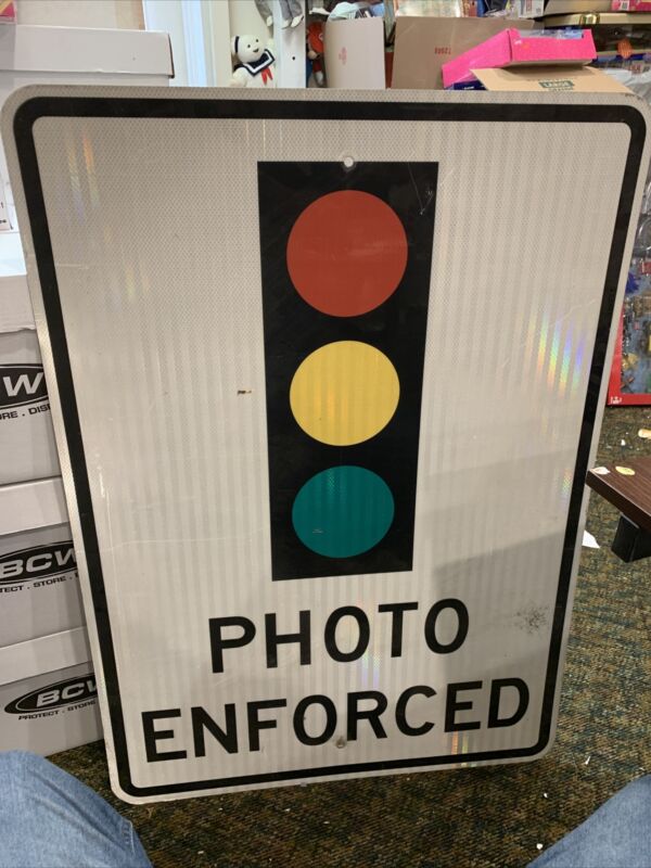 HUGE Real 42x30” Obsolete Street Sign Reflective Traffic Light Photo Enforced