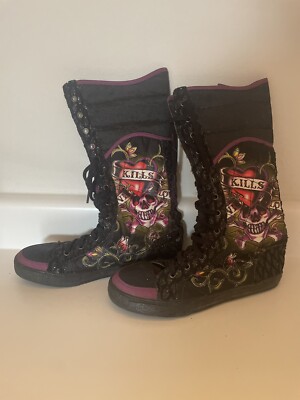 RARE Ed Hardy Love Kills Black Lace Up Boots Womens US 7