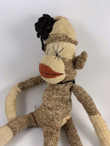 Vintage Brown & Off White Red Heel SOCK MONKEY With Hat