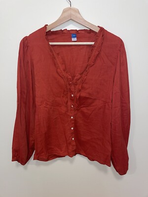 OLD NAVY Brick Red Ruffle Trim Button Front Blouse Sz M Cotton/Rayon Blend NWOT