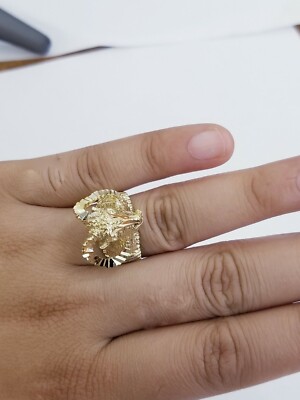 Pre-owned Globalwatches10 Real 10k Yellow Gold Antler Deer Head Mens Horn Goat Head Ring Diamond Cut