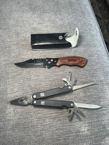 Automatic Stainless Steel Knife & 9 Tool Multi Tool with Case SEE PHOTOS