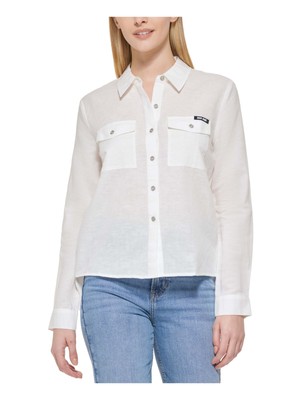 

Женский белый топ DKNY JEANS Hi-lo с манжетами и рукавами и заостренным воротником на пуговицах, размер